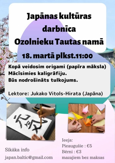 Ozolnieku Tautas namā Japānas kultūras darbnīca ar lektori Jukako Vitols-Hirata