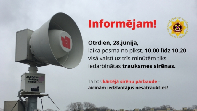 VUGD 28.jūnijā veiks trauksmes sirēnu pārbaudi