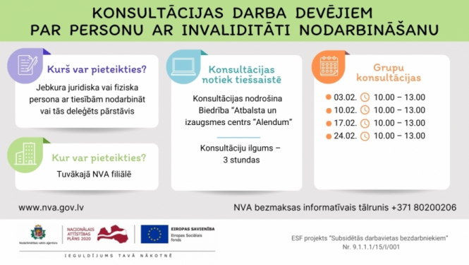 Darba devējiem, kuri nodarbina vai plāno nodarbināt cilvēkus ar invaliditāti, NVA februārī piedāvā četras bezmaksas konsultācijas